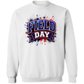 A white crewneck sweatshirt featuring a 'FIELD DAY' graphic on the chest in red, white, and blue with a patriotic paint splatter design.