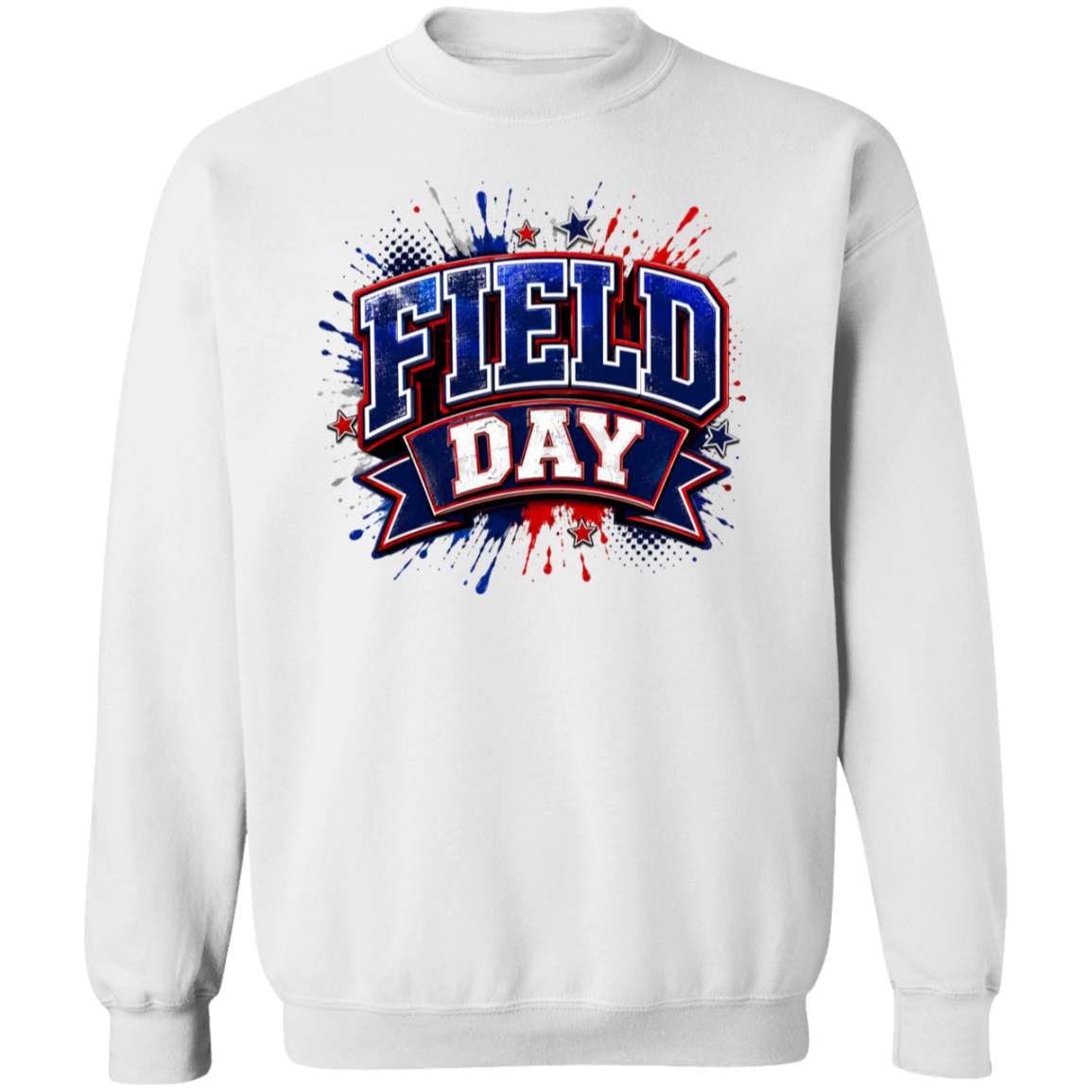 A white crewneck sweatshirt featuring a 'FIELD DAY' graphic on the chest in red, white, and blue with a patriotic paint splatter design.