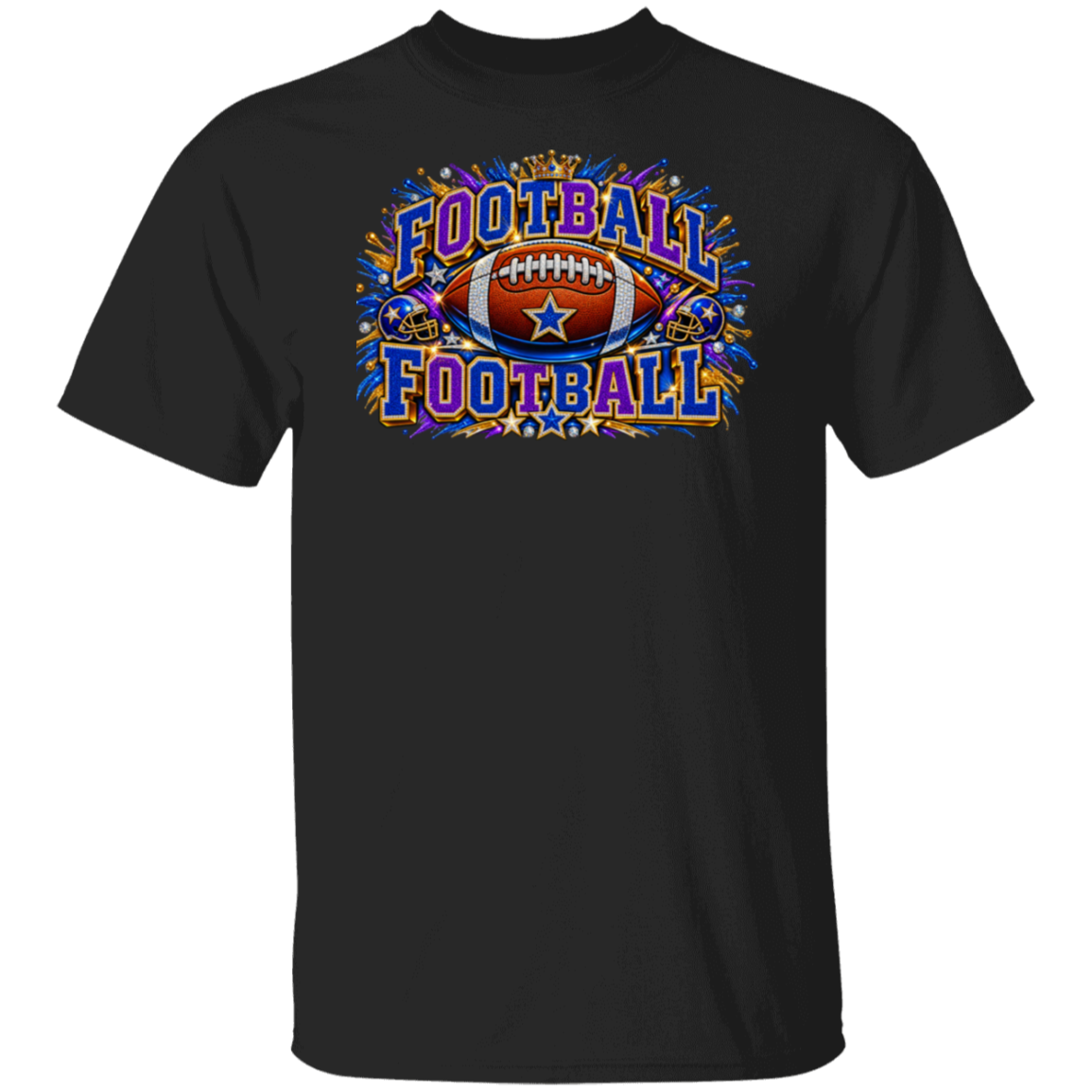A black short-sleeve crewneck t-shirt featuring a colorful graphic on the chest with the word 'FOOTBALL' in stylized purple and blue lettering, a central American football, and a star motif.