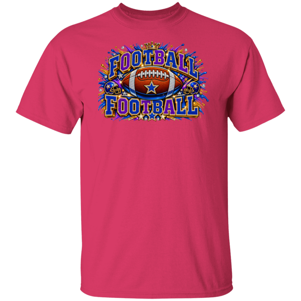 An heliconia color short-sleeve crewneck t-shirt featuring a colorful 'FOOTBALL' graphic on the chest with an American football illustration and blue, yellow, and red splatter details.