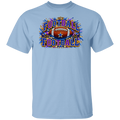 A light blue crewneck t-shirt featuring a colorful graphic print on the chest with the words 'FOOTBALL FOOTBALL' in stylized lettering around a football illustration.