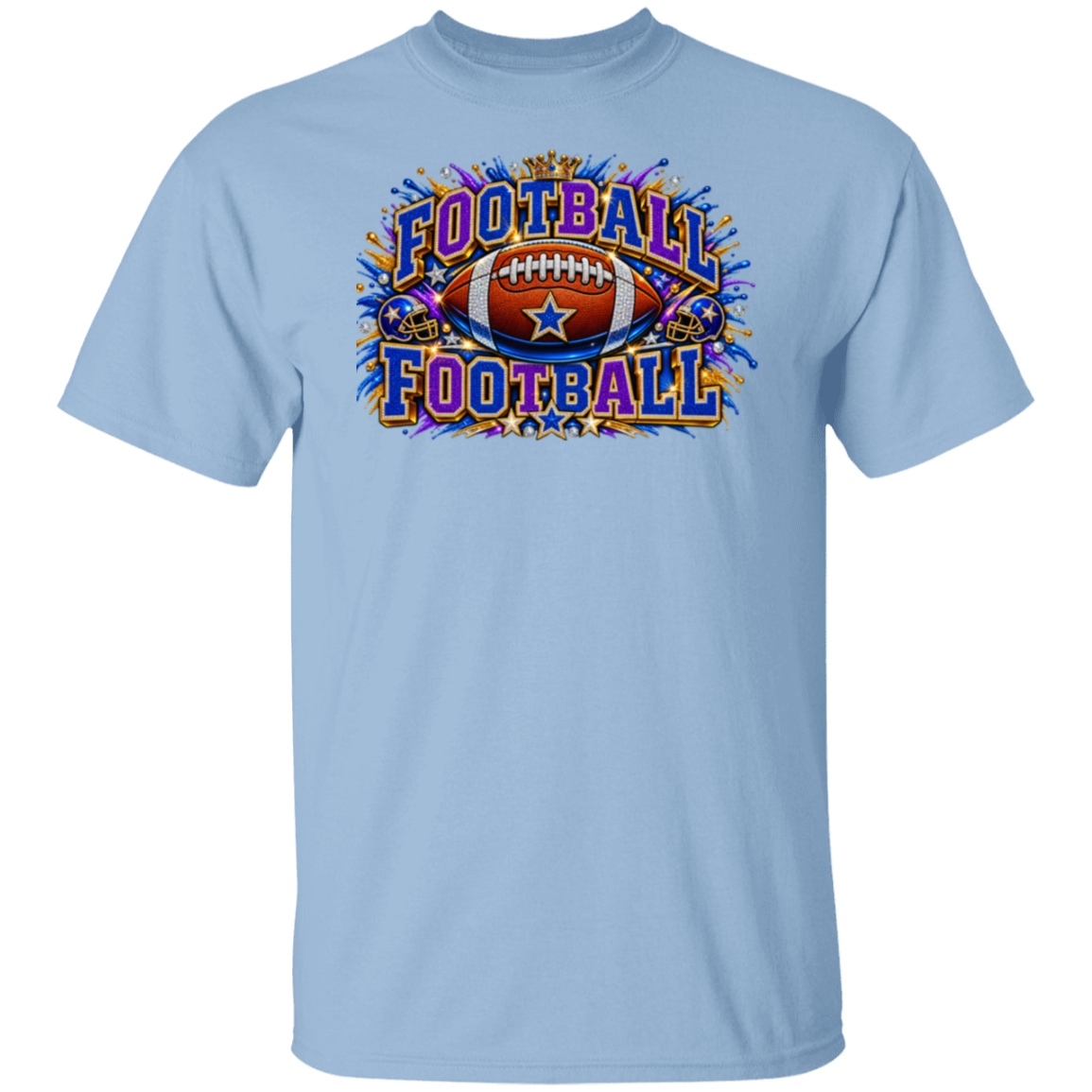 A light blue crewneck t-shirt featuring a colorful graphic print on the chest with the words 'FOOTBALL FOOTBALL' in stylized lettering around a football illustration.