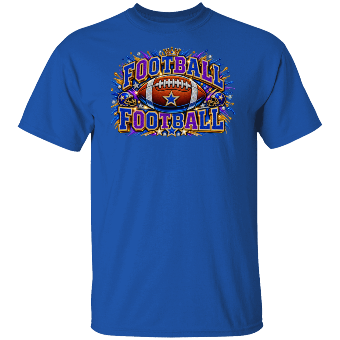 A royal blue short-sleeve crewneck t-shirt featuring a colorful graphic on the chest with the words 'FOOTBALL FOOTBALL' in stylized lettering around an American football with a star.