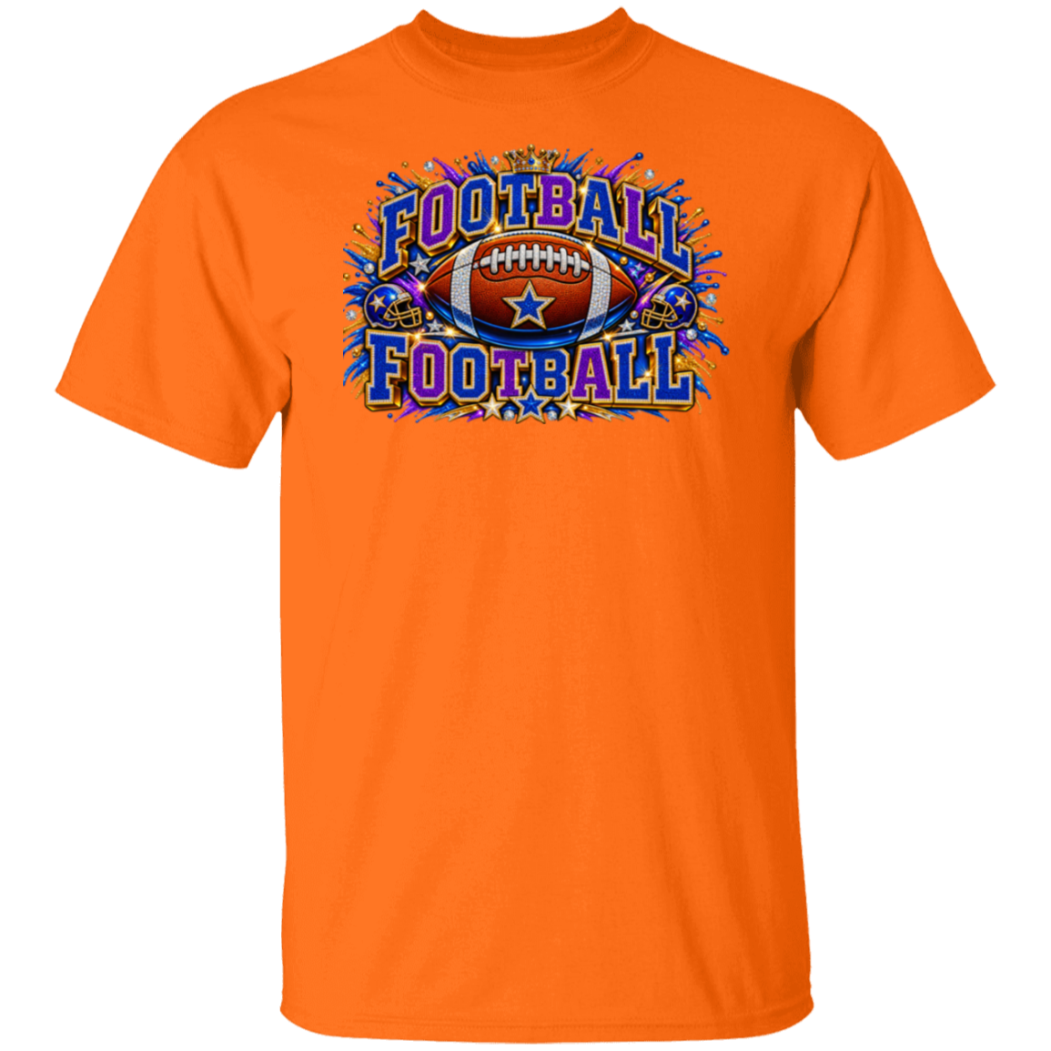 A safety orange short-sleeve crewneck t-shirt featuring a colorful 'FOOTBALL' graphic on the chest with an illustration of an American football and paint splatter details.