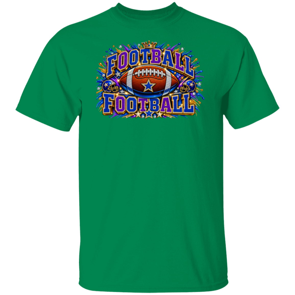 A turf green short-sleeve crewneck t-shirt featuring a colorful graphic on the chest with the words 'FOOTBALL FOOTBALL' in a rainbow gradient and a football in the center.