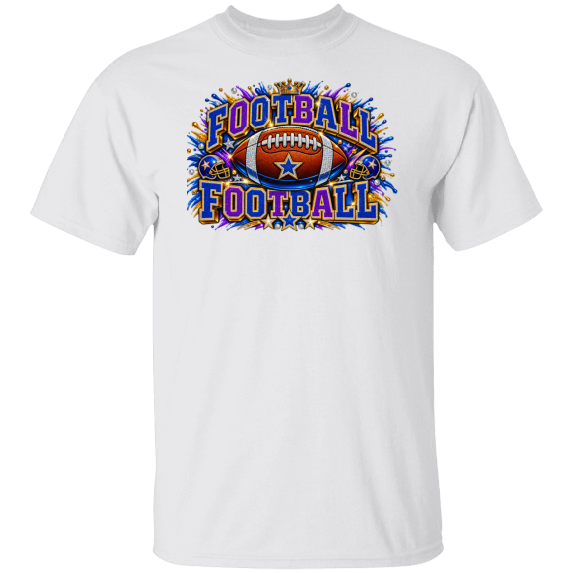 A white short-sleeve crewneck t-shirt featuring a colorful graphic on the chest with an American football and the word 'FOOTBALL' in stylized purple lettering with a blue outline.