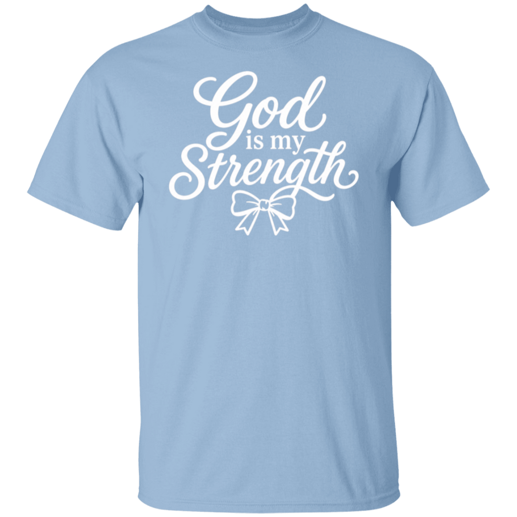 A light blue color short-sleeve crewneck t-shirt with a white graphic print on the chest that reads 'God is my Strength' in a cursive font, with a bow illustration below.