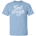 A light blue color short-sleeve crewneck t-shirt with a white graphic print on the chest that reads 'God is my Strength' in a cursive font, with a bow illustration below.