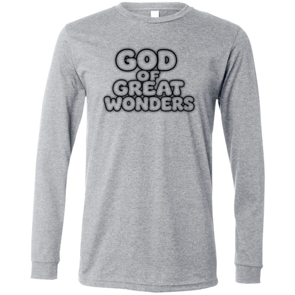 An athletic heather long-sleeve t-shirt with a bold graphic on the chest reading 'GOD OF GREAT WONDERS' in black and white bubble lettering, displayed on a solid white background.