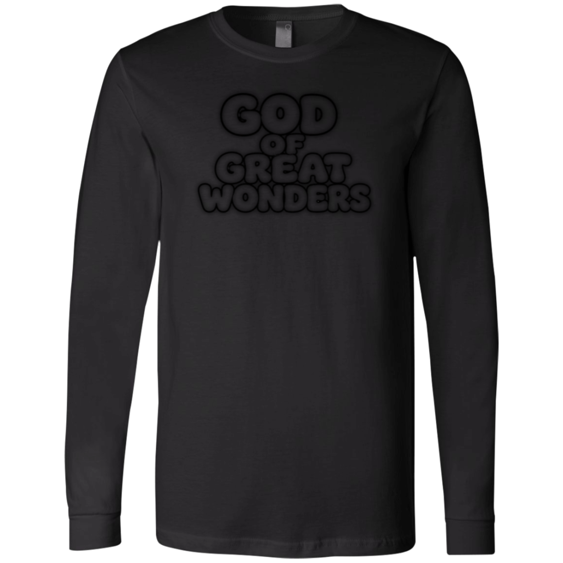 A black long-sleeve crewneck t-shirt with a tonal black graphic on the chest that reads 'GOD OF GREAT WONDERS' in a bold, stylized font, shown against a plain white background.