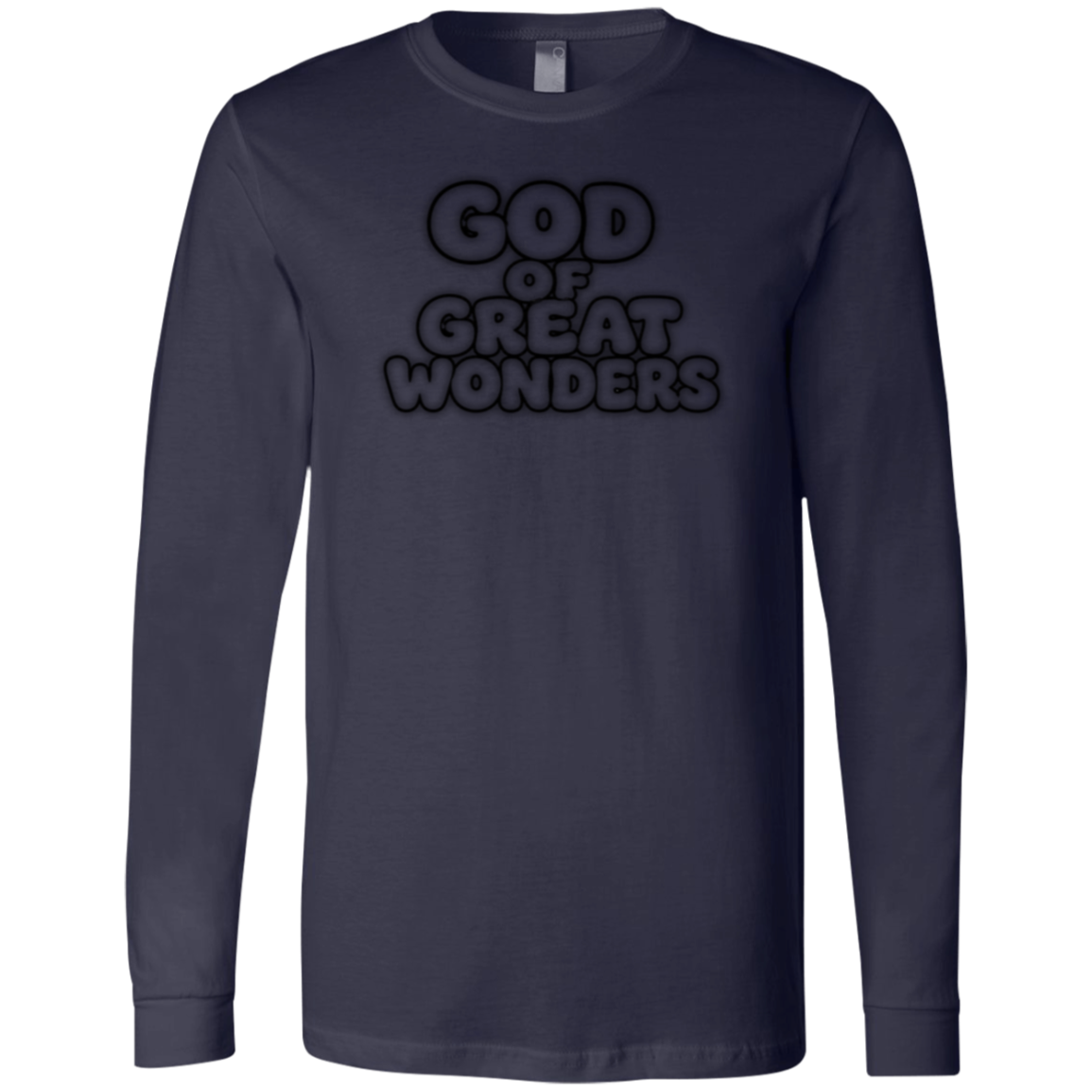 A dark navy long-sleeve t-shirt with a black graphic text print reading 'GOD OF GREAT WONDERS' on the chest, displayed against a solid white background.