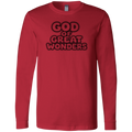 A red long-sleeve crewneck t-shirt with a black graphic text print reading 'GOD OF GREAT WONDERS' on the chest, displayed against a solid white background.
