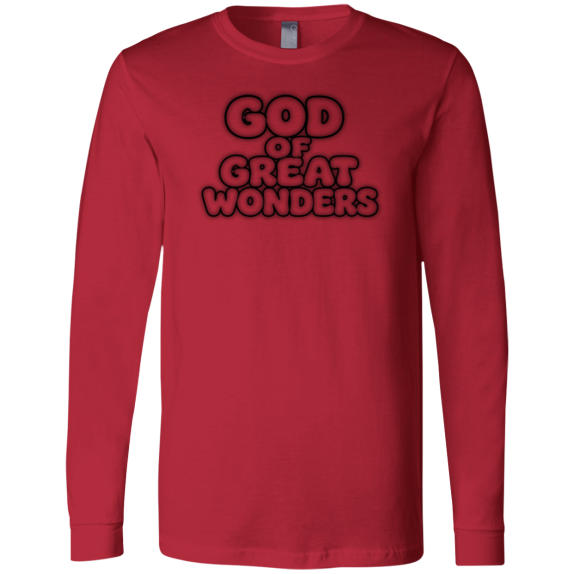 A red long-sleeve crewneck t-shirt with a black graphic text print reading 'GOD OF GREAT WONDERS' on the chest, displayed against a solid white background.