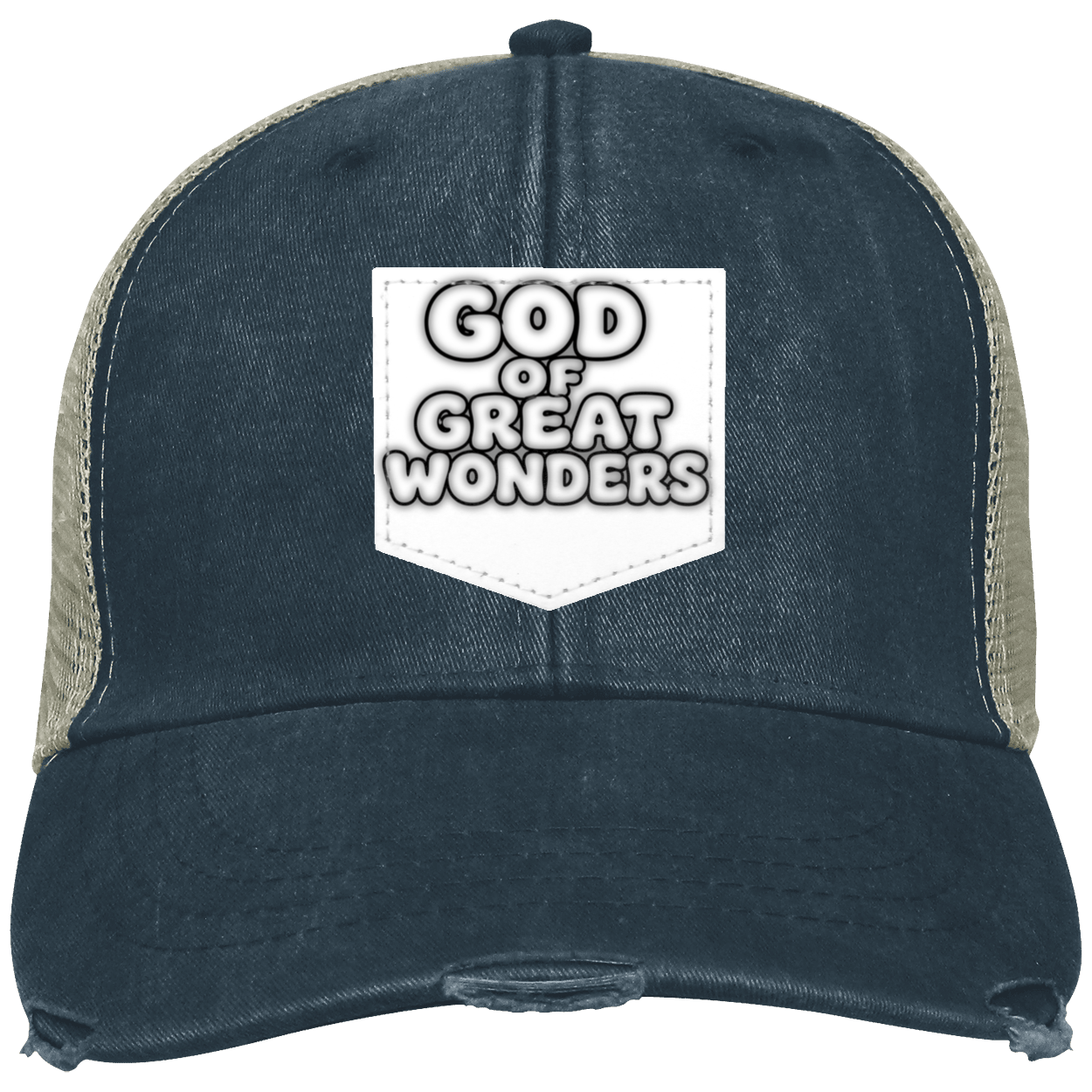 A distressed trucker hat with a dark  black color washed front panel and brim, beige mesh side/back panels, and a white front patch reading 'GOD OF GREAT WONDERS'.