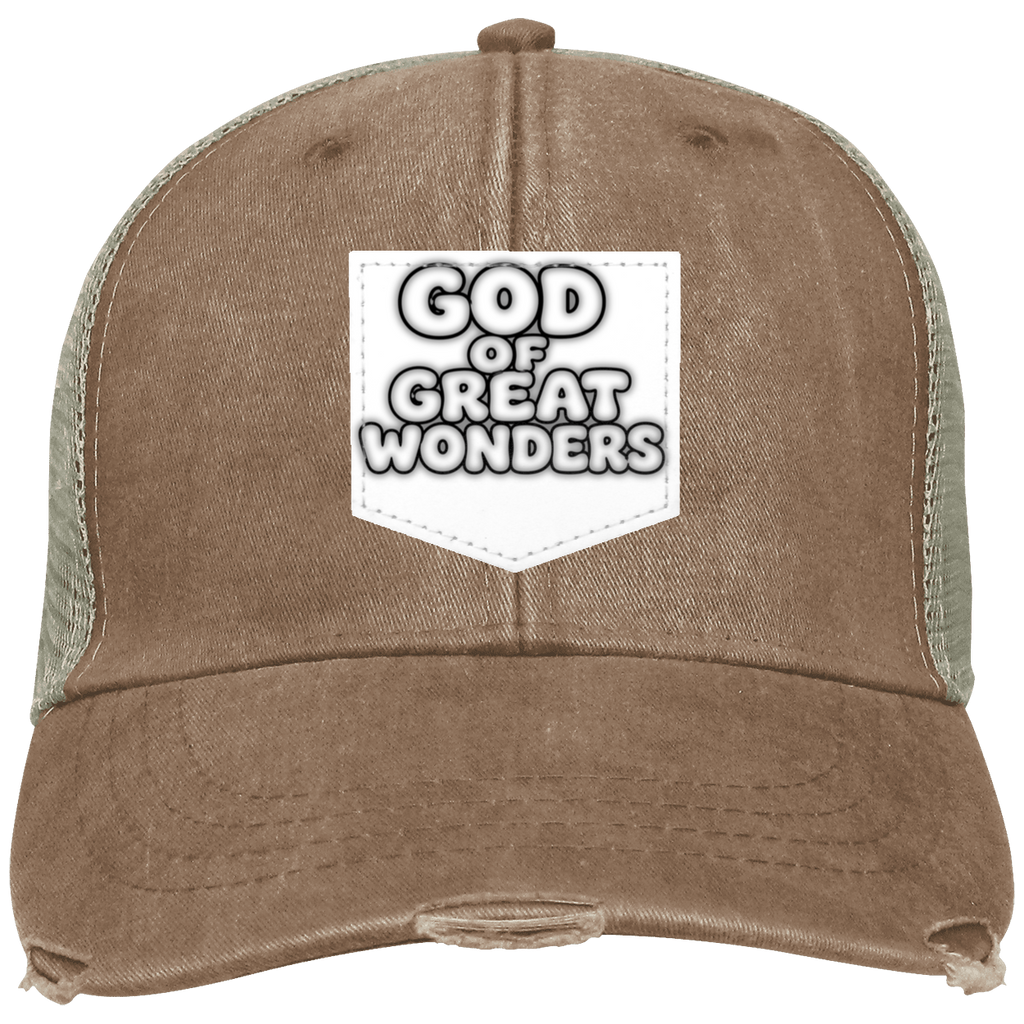 A brown distressed trucker hat with a white shield-shaped patch on the front that reads 'GOD OF GREAT WONDERS' in bold black letters with a white outline. The back mesh is a muted olive green.