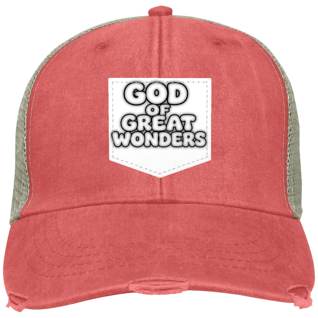 A distressed trucker hat in a washed coral red color with sage green mesh back panels. The front features a white shield-shaped patch with the text 'GOD OF GREAT WONDERS' in a bold black and white font.