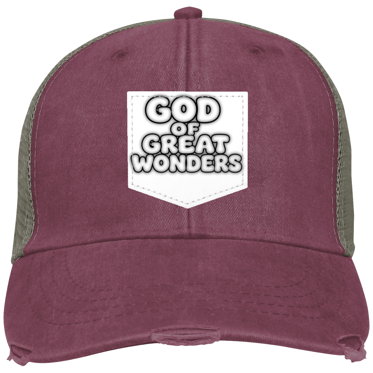 A distressed trucker-style baseball cap in washed khaki color with olive green mesh side panels and a white patch on the front that reads 'GOD OF GREAT WONDERS'.