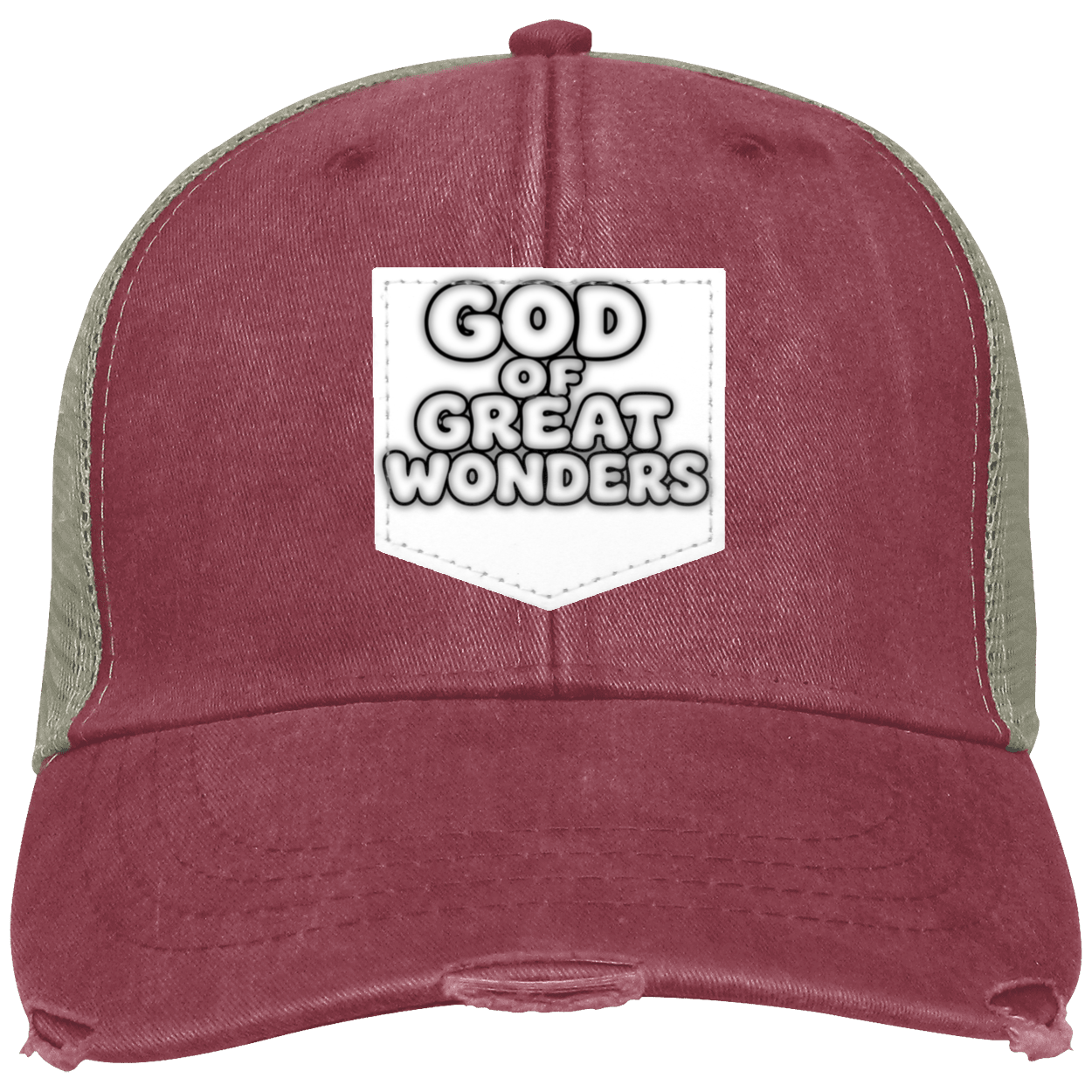 A distressed trucker-style baseball cap with a washed maroon front and brim, sage green mesh side panels, and a white shield-shaped patch on the front that reads 'GOD OF GREAT WONDERS' in black outlined lettering.