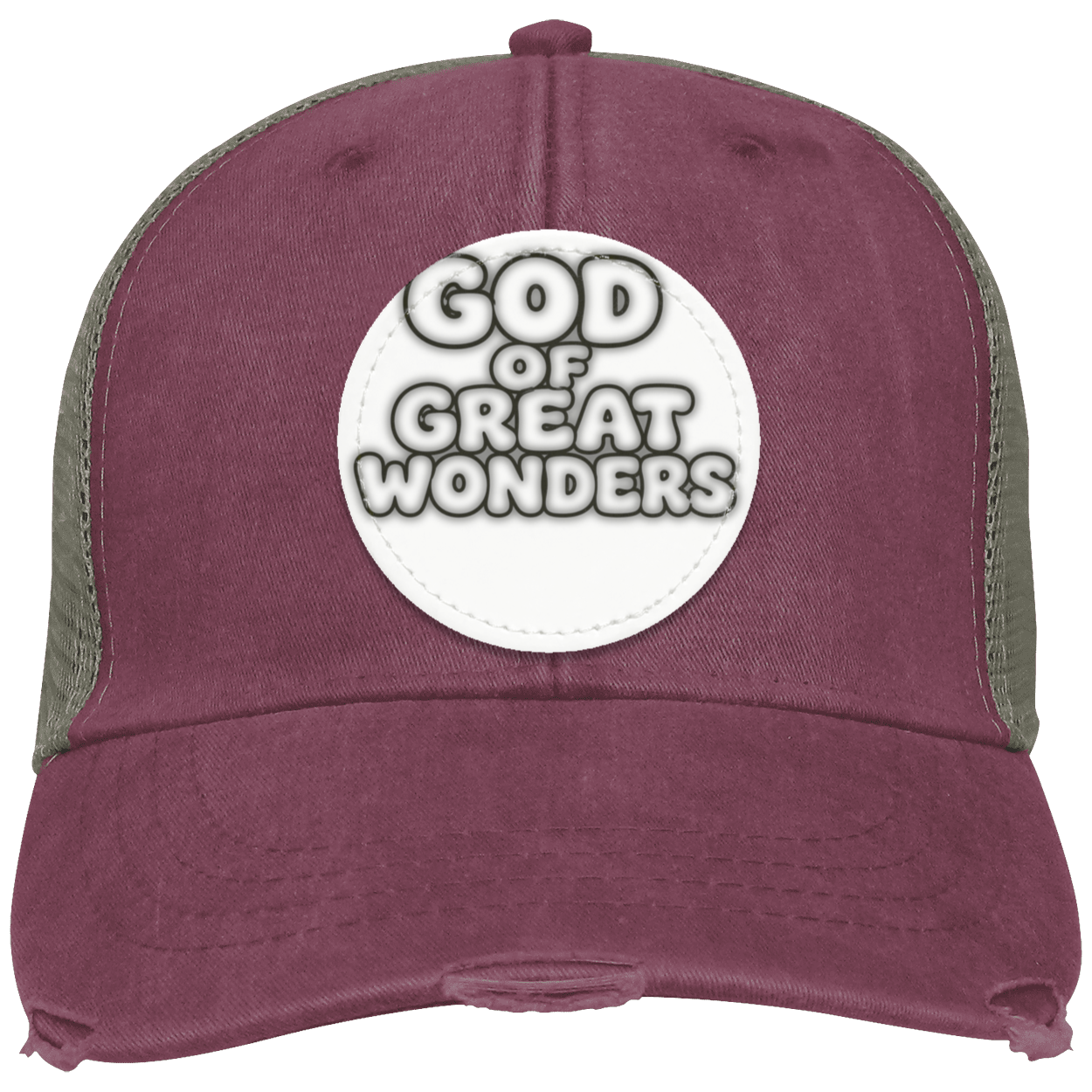 A distressed trucker hat in washed maroon with olive green mesh side panels and a white circular patch on the front that reads 'GOD OF GREAT WONDERS'.