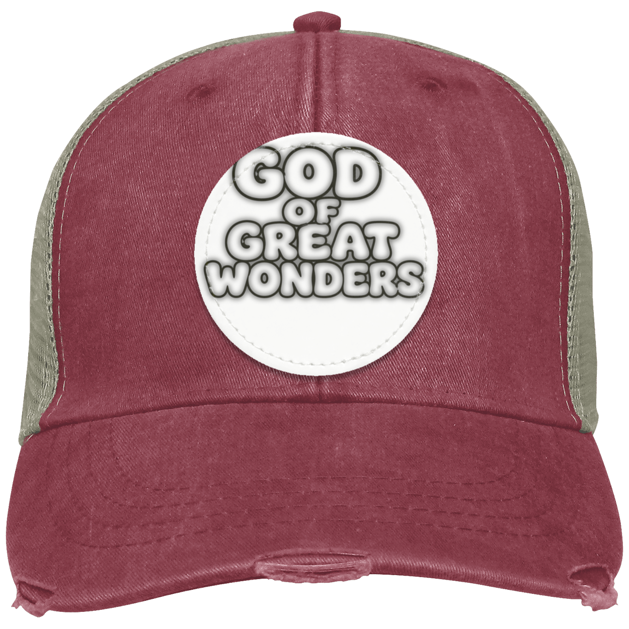 A distressed trucker hat in nautical red with sage green mesh side panels and a white circular patch on the front that reads 'GOD OF GREAT WONDERS'.