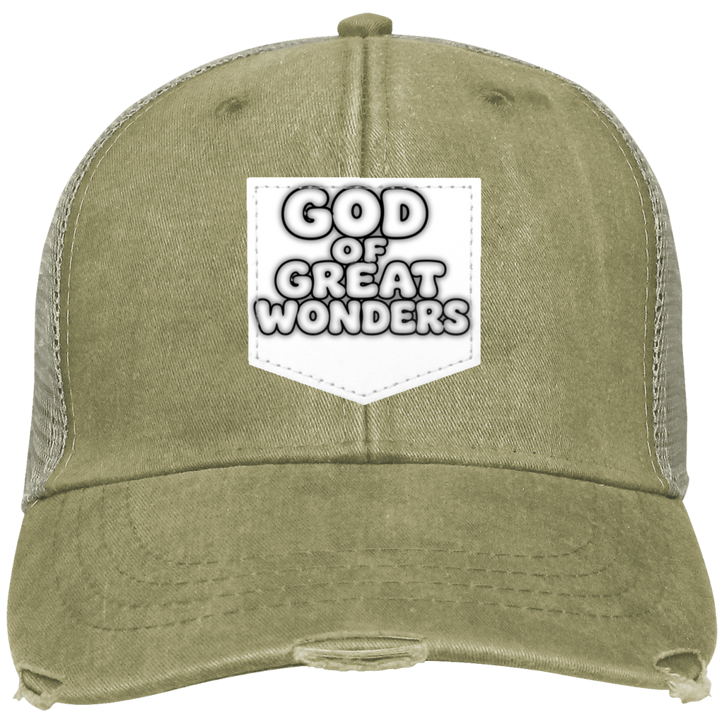 An olive green distressed trucker hat with a white shield-shaped patch on the front that reads 'GOD OF GREAT WONDERS' in bold black and white lettering.