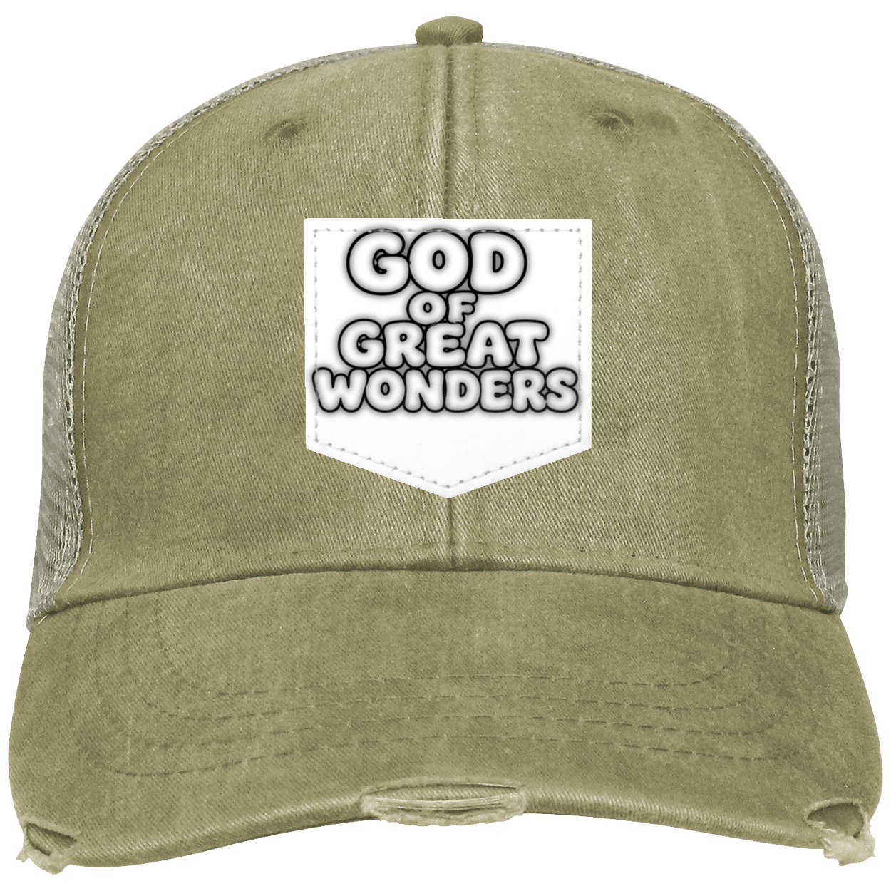 An olive green distressed trucker hat with a white shield-shaped patch on the front that reads 'GOD OF GREAT WONDERS' in bold black and white lettering.