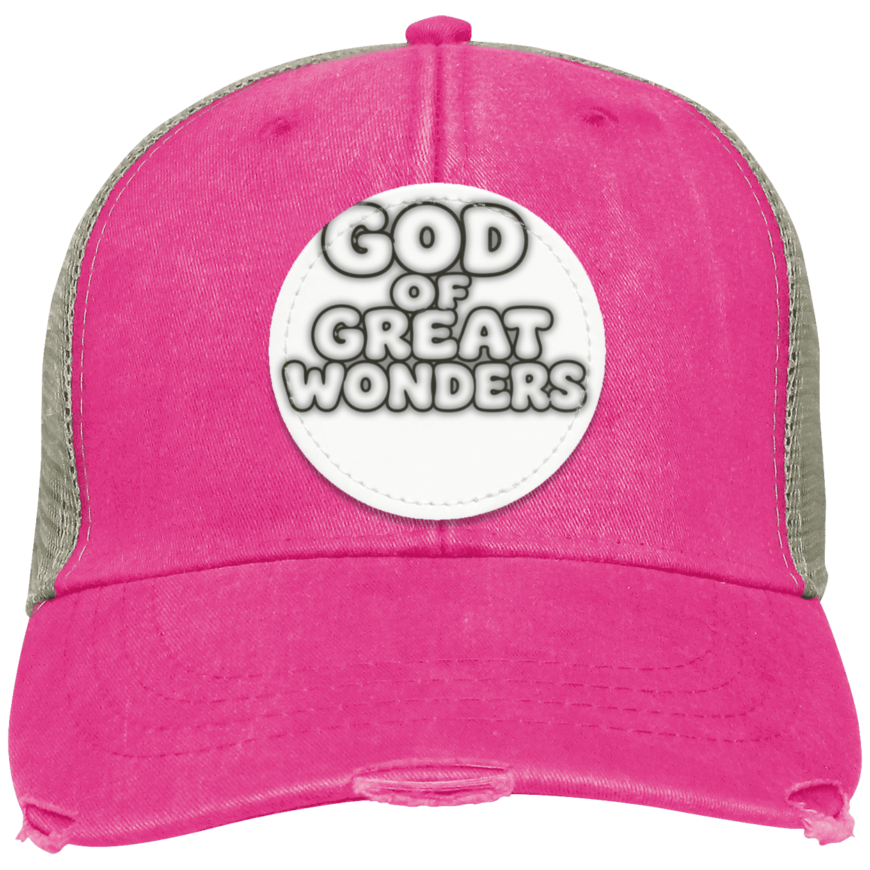 A distressed trucker hat in vibrant pink/tan color with a gray mesh back, featuring a circular white patch on the front that reads 'GOD OF GREAT WONDERS' in bold black and white lettering.