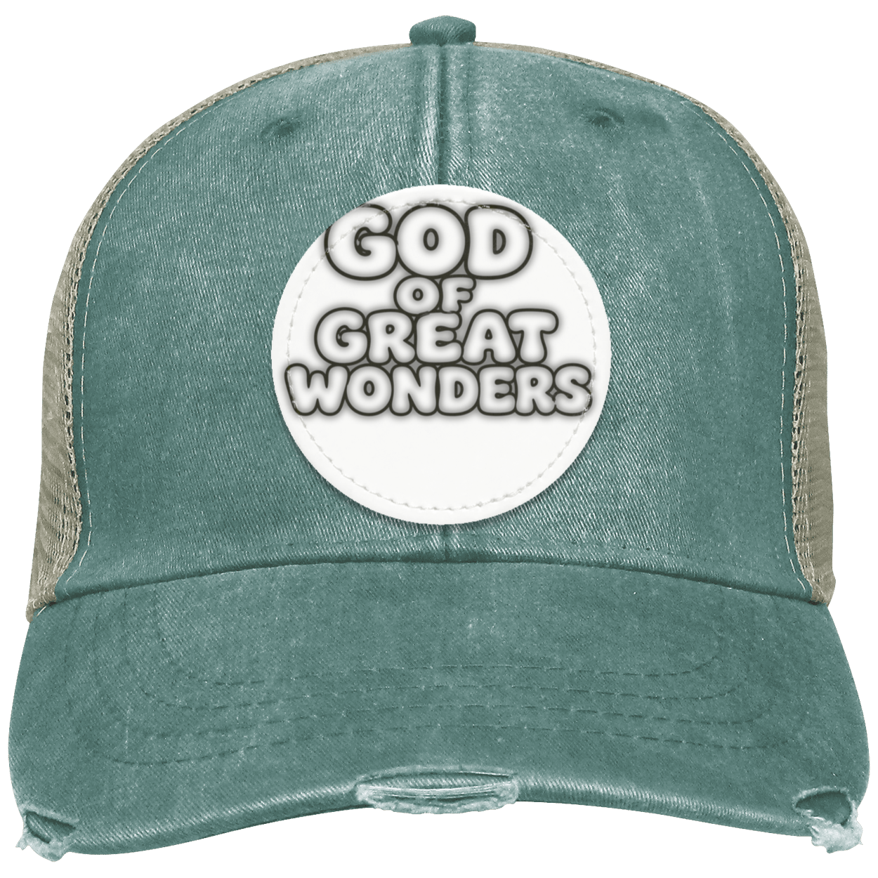 A distressed trucker hat in washed teal green with beige mesh side panels and a white circular patch on the front that reads 'GOD OF GREAT WONDERS'.