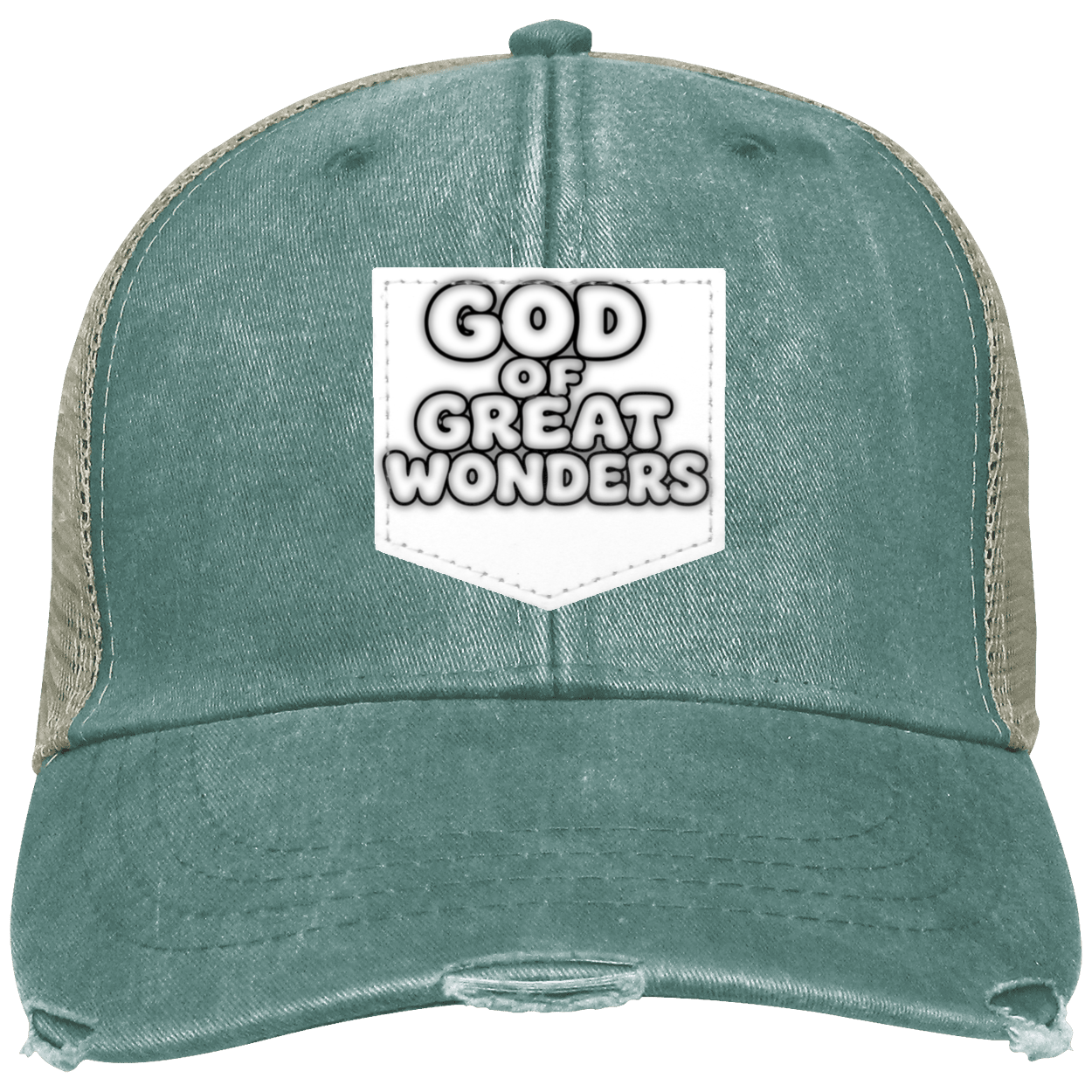 A distressed trucker hat in washed teal green with beige mesh side panels and a white shield-shaped patch on the front that reads 'GOD OF GREAT WONDERS'.