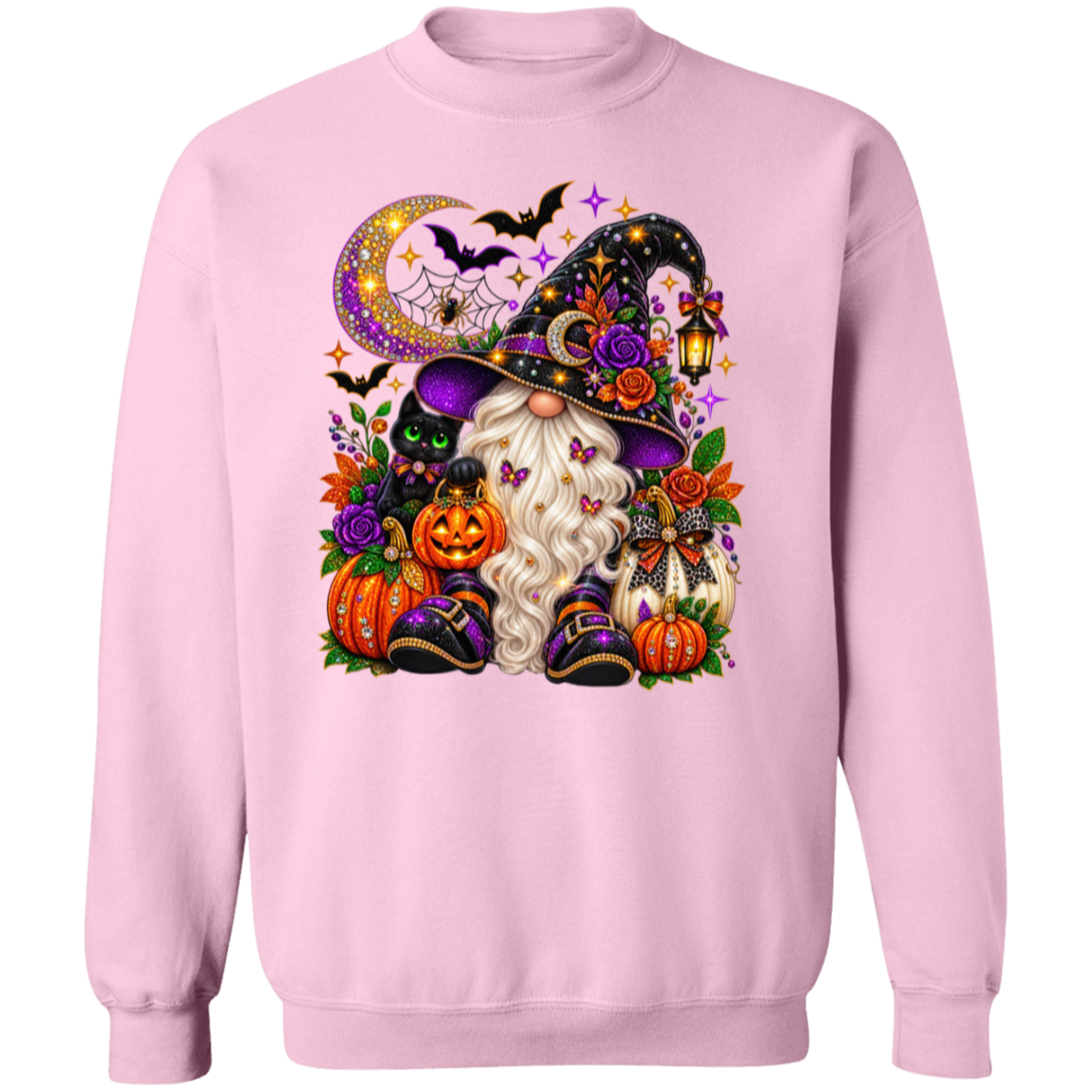 A light pink crewneck sweatshirt featuring a large, colorful graphic of a witchy gnome surrounded by pumpkins, a crescent moon, and bats.