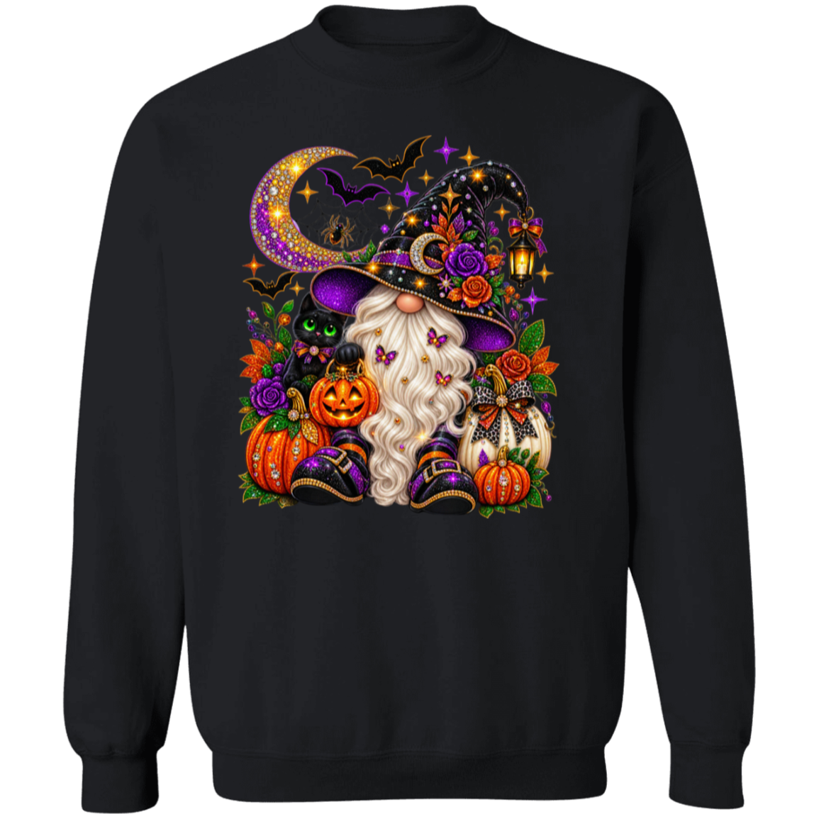 A black crewneck sweatshirt featuring a large, colorful Halloween graphic on the front. The graphic depicts a witch with a long white beard and a purple hat, surrounded by pumpkins, roses, a cat, and bats.