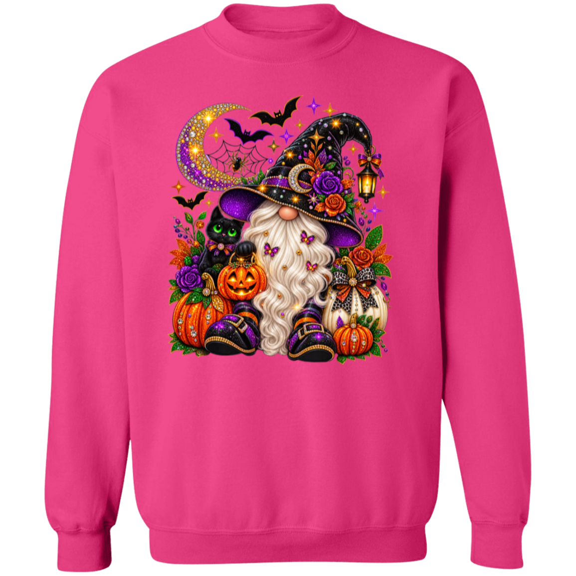 A heliconia crewneck sweatshirt featuring a large, colorful graphic of a cute witch gnome surrounded by pumpkins, a cat, bats, and a crescent moon on a white background.