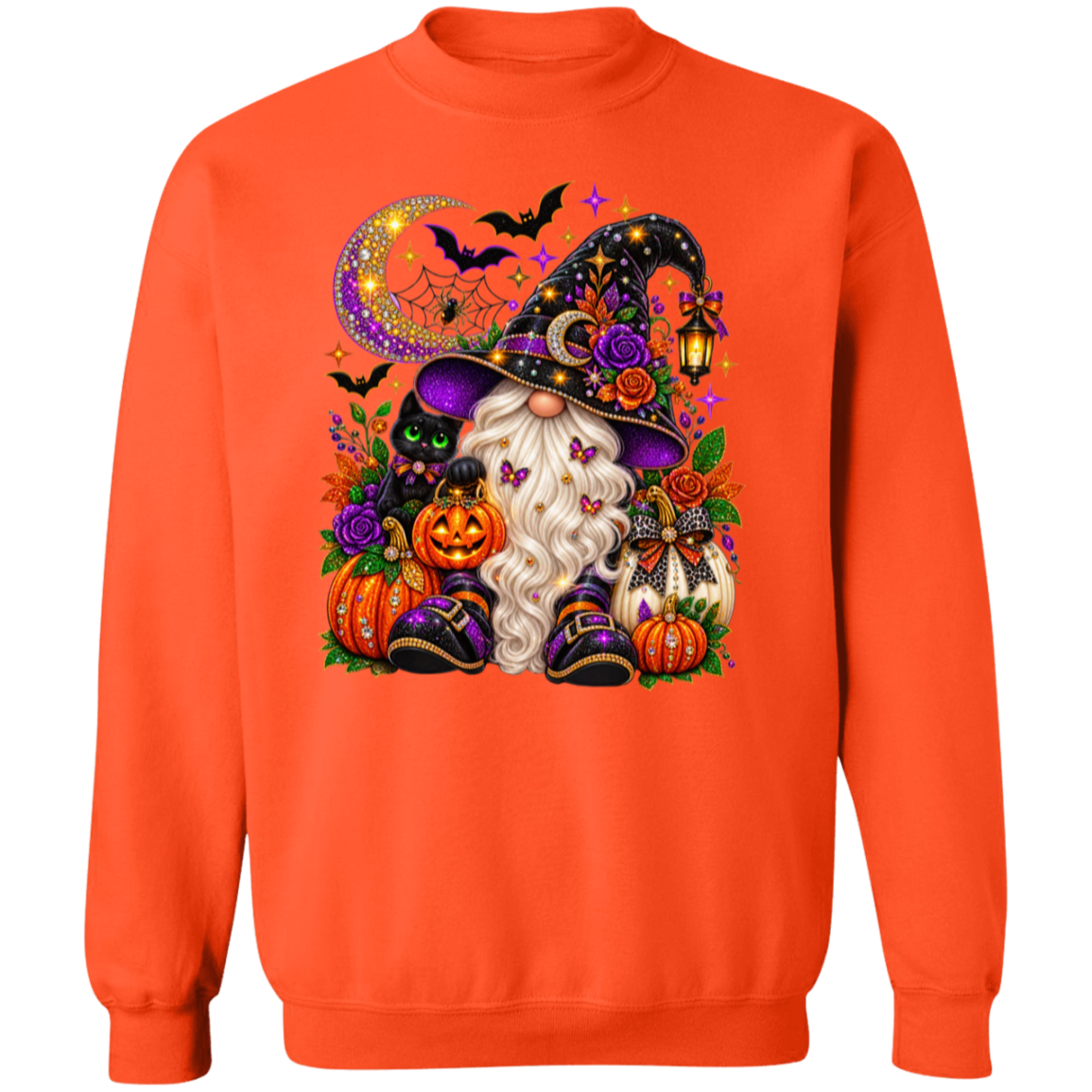 A bright orange crewneck sweatshirt featuring a large, colorful graphic of a witch gnome surrounded by pumpkins, a cat, a lantern, and a crescent moon on a white background.