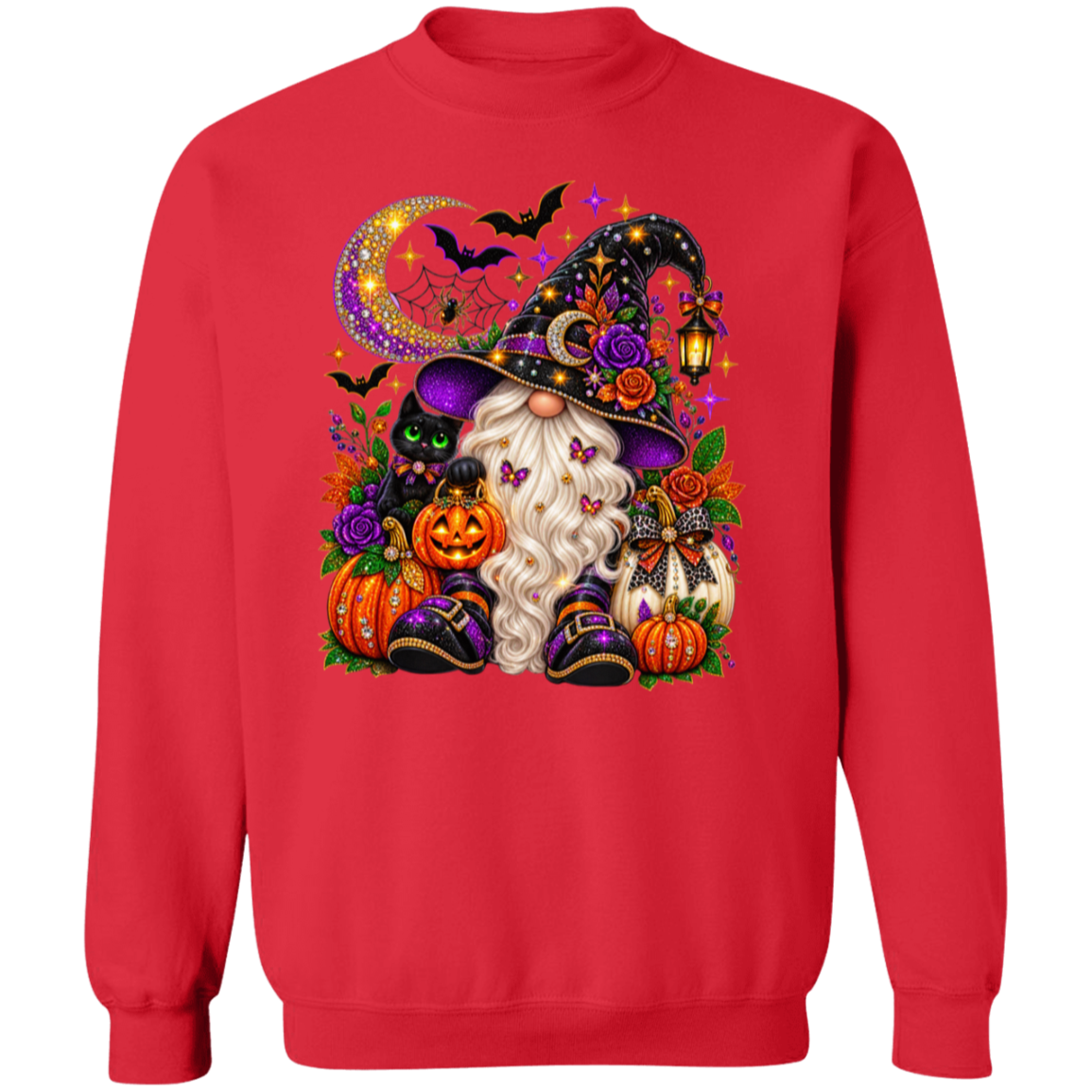 A red crewneck sweatshirt featuring a large, colorful graphic of a whimsical gnome dressed as a witch, surrounded by pumpkins, a black cat, bats, and a crescent moon on a white background.