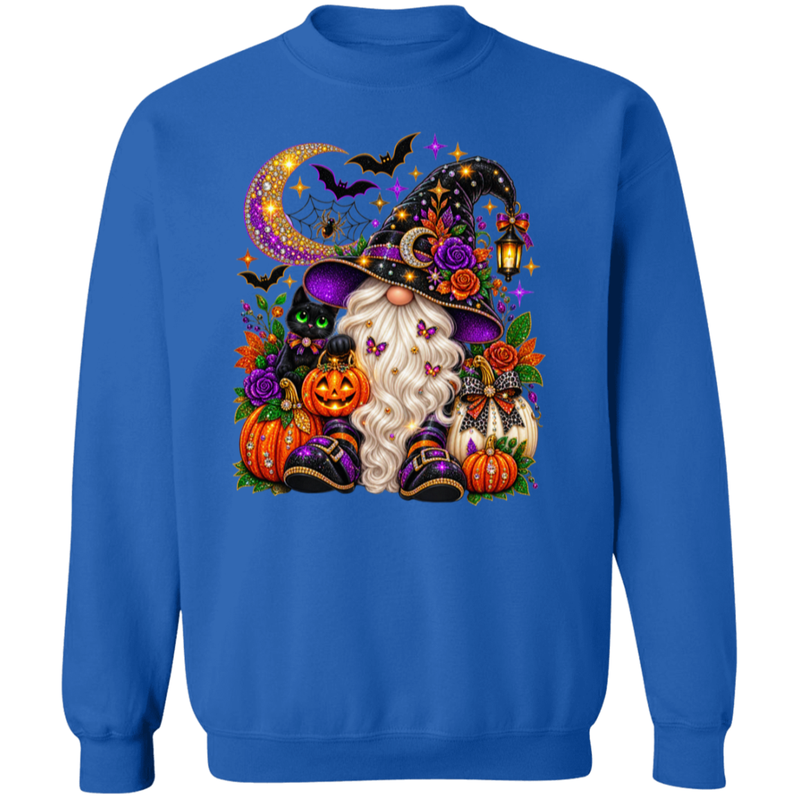 A royal blue crewneck sweatshirt featuring a large, colorful graphic of a witch goblin surrounded by pumpkins, a cat, a crescent moon, and bats.