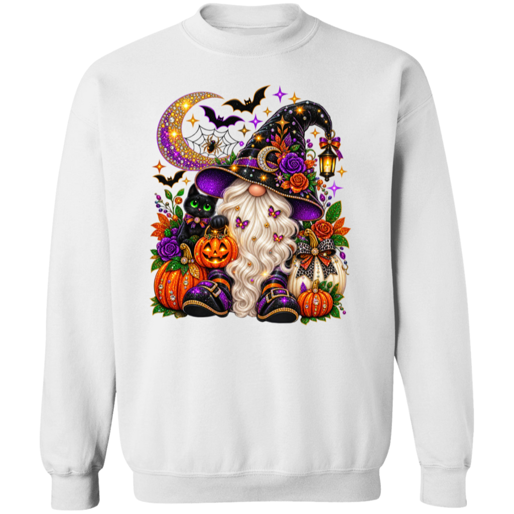 A white crewneck sweatshirt featuring a large, colorful graphic of a Halloween gnome with a tall witch hat, surrounded by pumpkins, roses, a crescent moon, and bats.