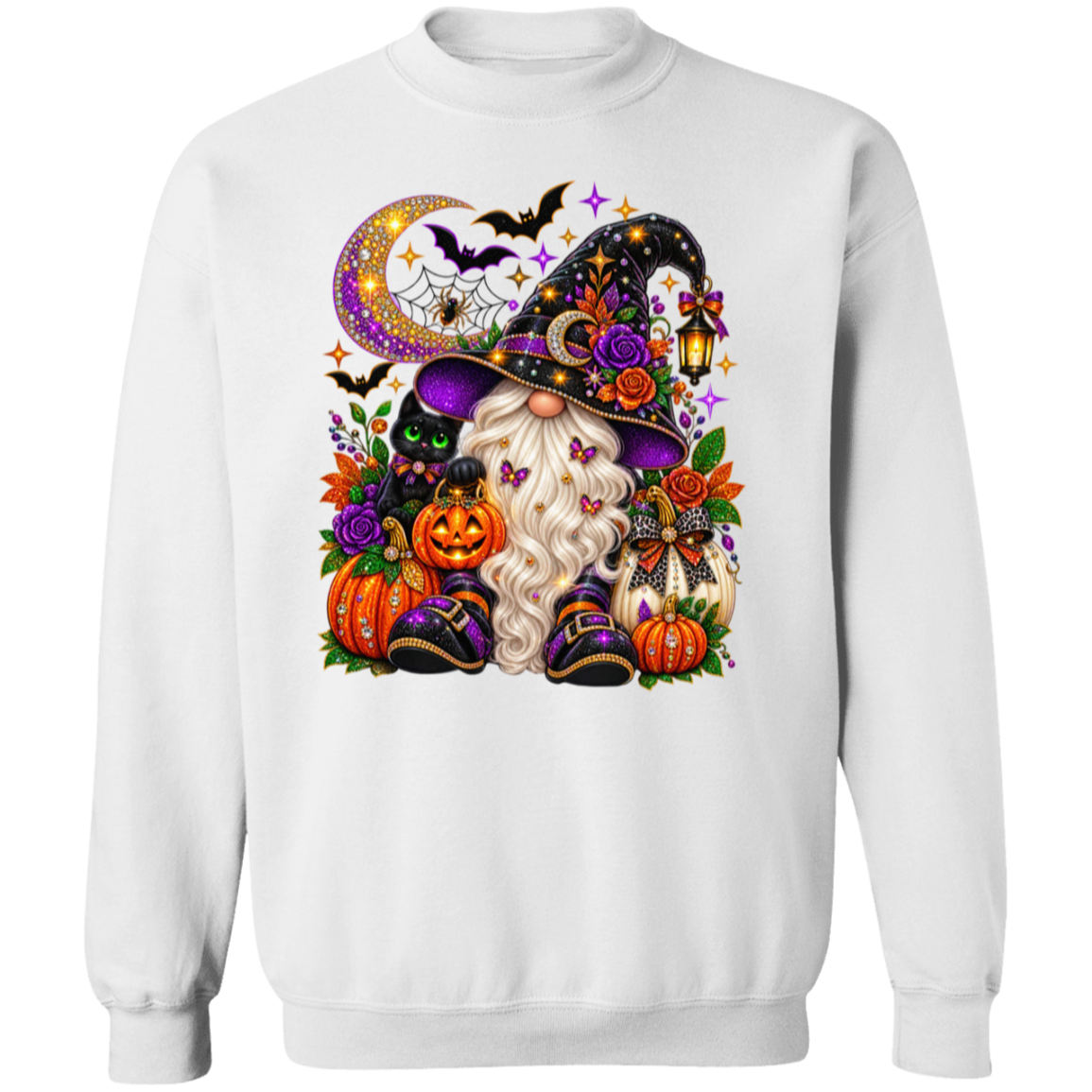 A white crewneck sweatshirt featuring a large, colorful graphic of a Halloween gnome with a tall witch hat, surrounded by pumpkins, roses, a crescent moon, and bats.
