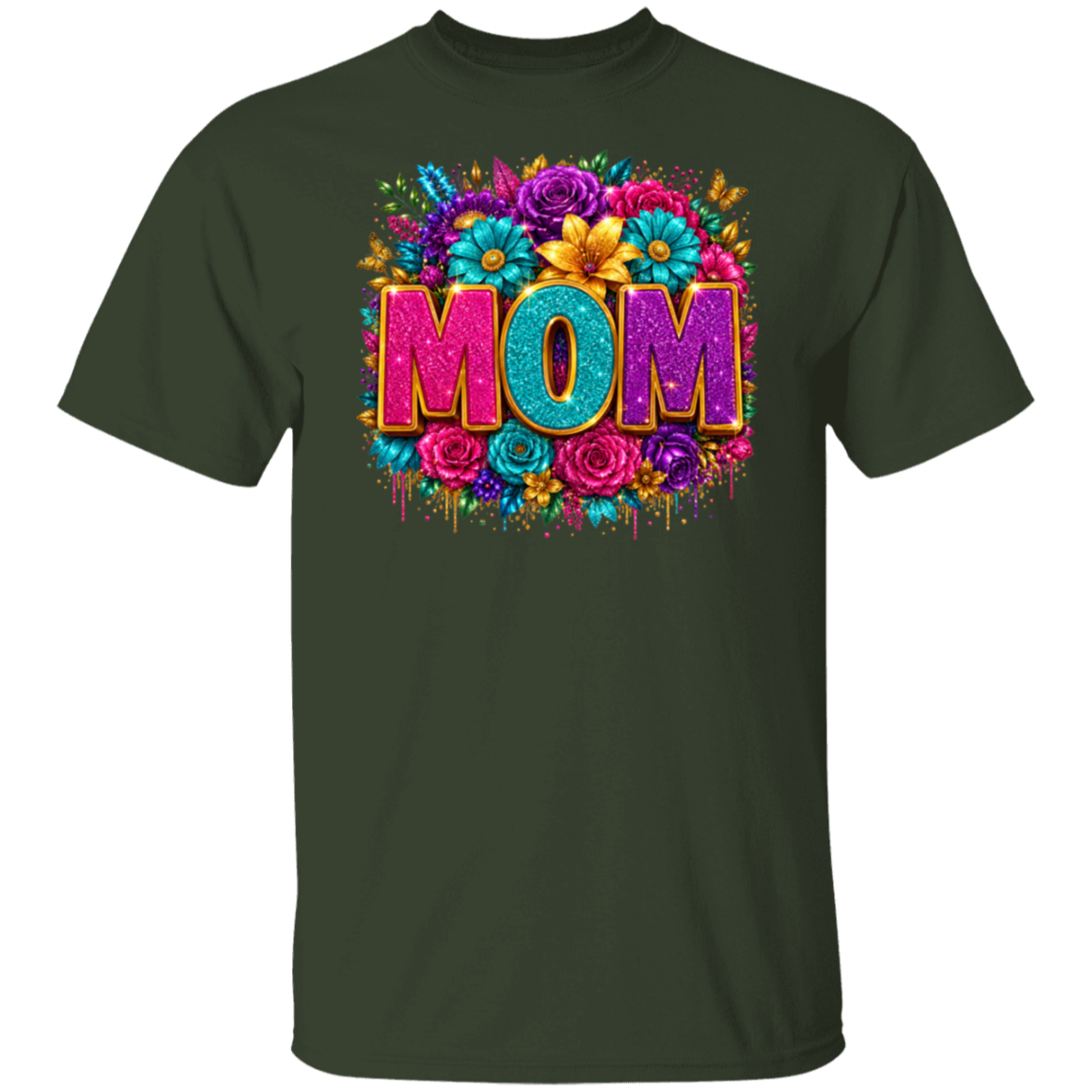 A dark forest green short-sleeve crewneck t-shirt featuring a vibrant, colorful graphic on the chest with the word 'MOM' surrounded by flowers.