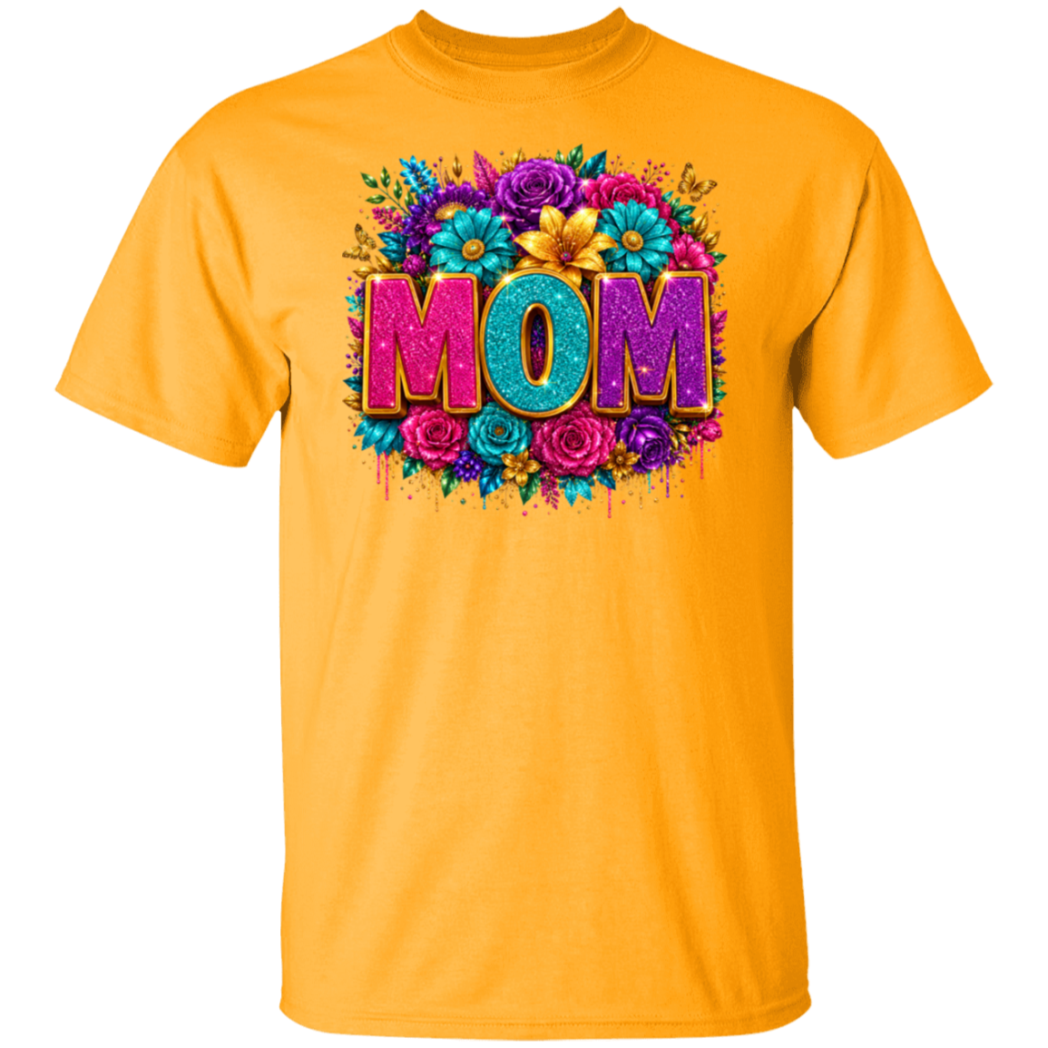 A gold color short-sleeve crewneck t-shirt featuring a colorful graphic on the chest with the word 'MOM' in glittery pink and teal letters surrounded by a vibrant floral design.