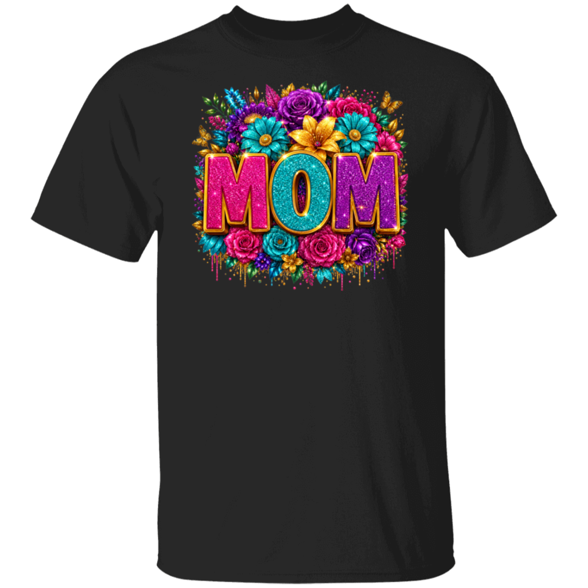 A black short-sleeve crewneck t-shirt featuring a vibrant, colorful graphic on the chest with the word 'MOM' surrounded by flowers.