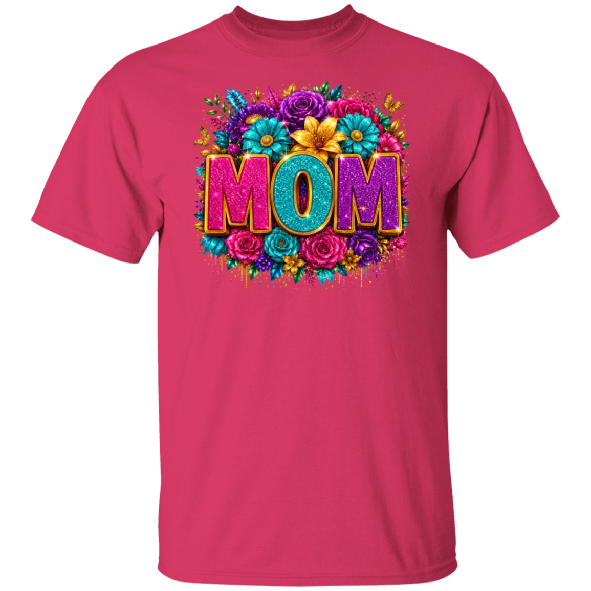 A heliconia color short-sleeve crewneck t-shirt featuring a colorful graphic on the chest with the word 'MOM' in glittery pink and teal letters, surrounded by a vibrant floral design.