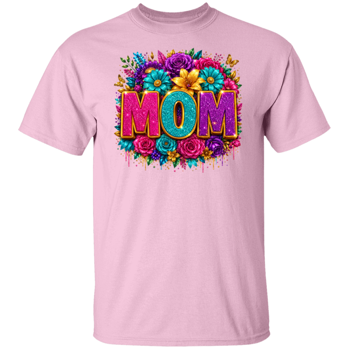 A light pink short-sleeve crewneck t-shirt featuring a vibrant graphic on the chest with the word 'MOM' in colorful 3D letters surrounded by a dense arrangement of bright flowers.
