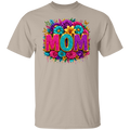 A sand color crewneck t-shirt featuring a colorful graphic print on the front with the word 'MOM' in 3D letters surrounded by vibrant flowers.