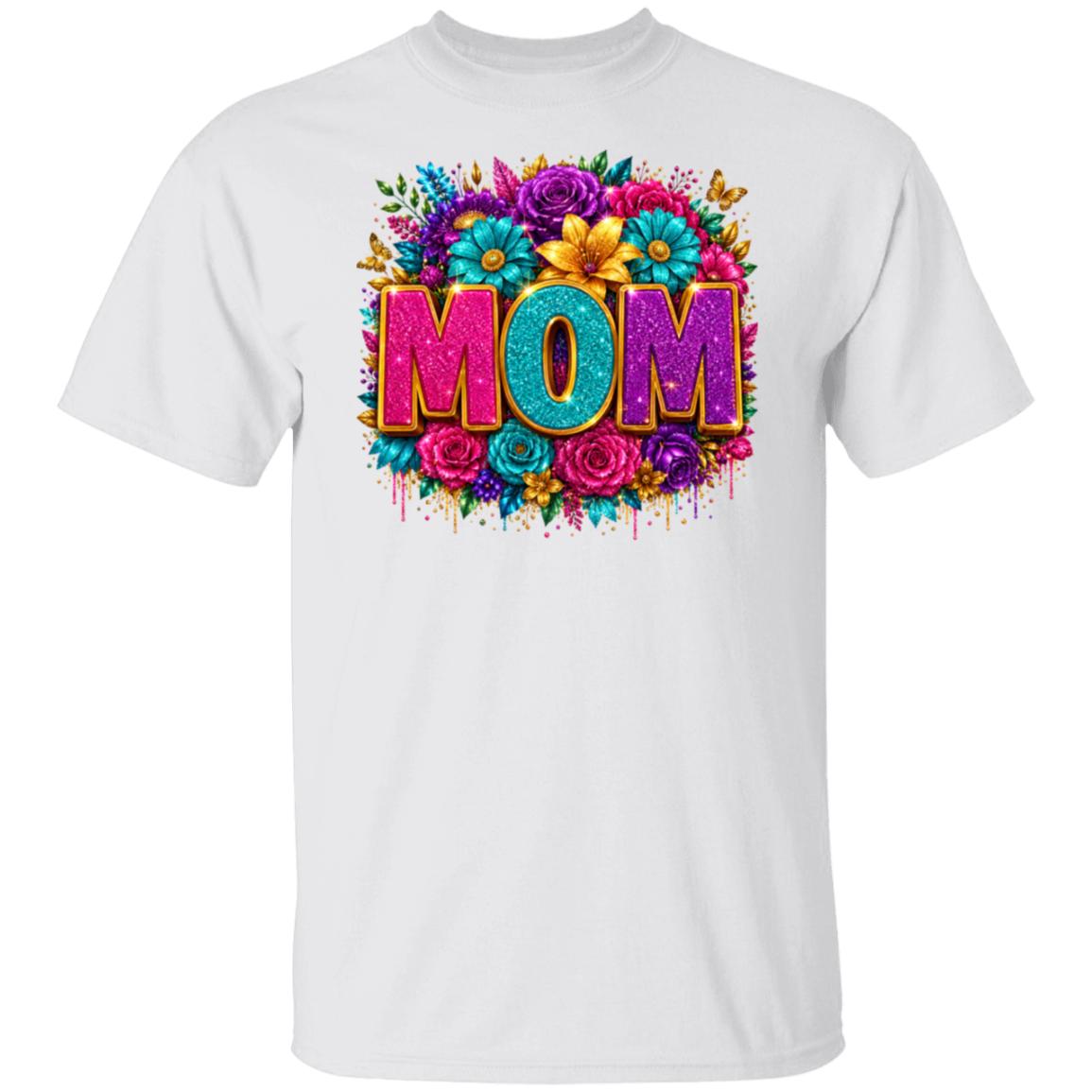 A white short-sleeve crewneck t-shirt featuring a vibrant, colorful graphic on the chest with the word 'MOM' surrounded by flowers.