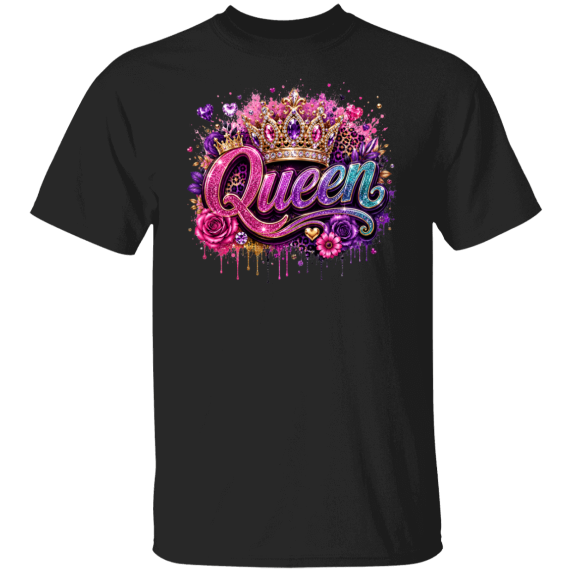 A black short-sleeve crewneck t-shirt featuring a vibrant graphic on the chest with the word 'Queen' in stylized pink and blue lettering, decorated with a gold crown, purple roses, and paint splatters.