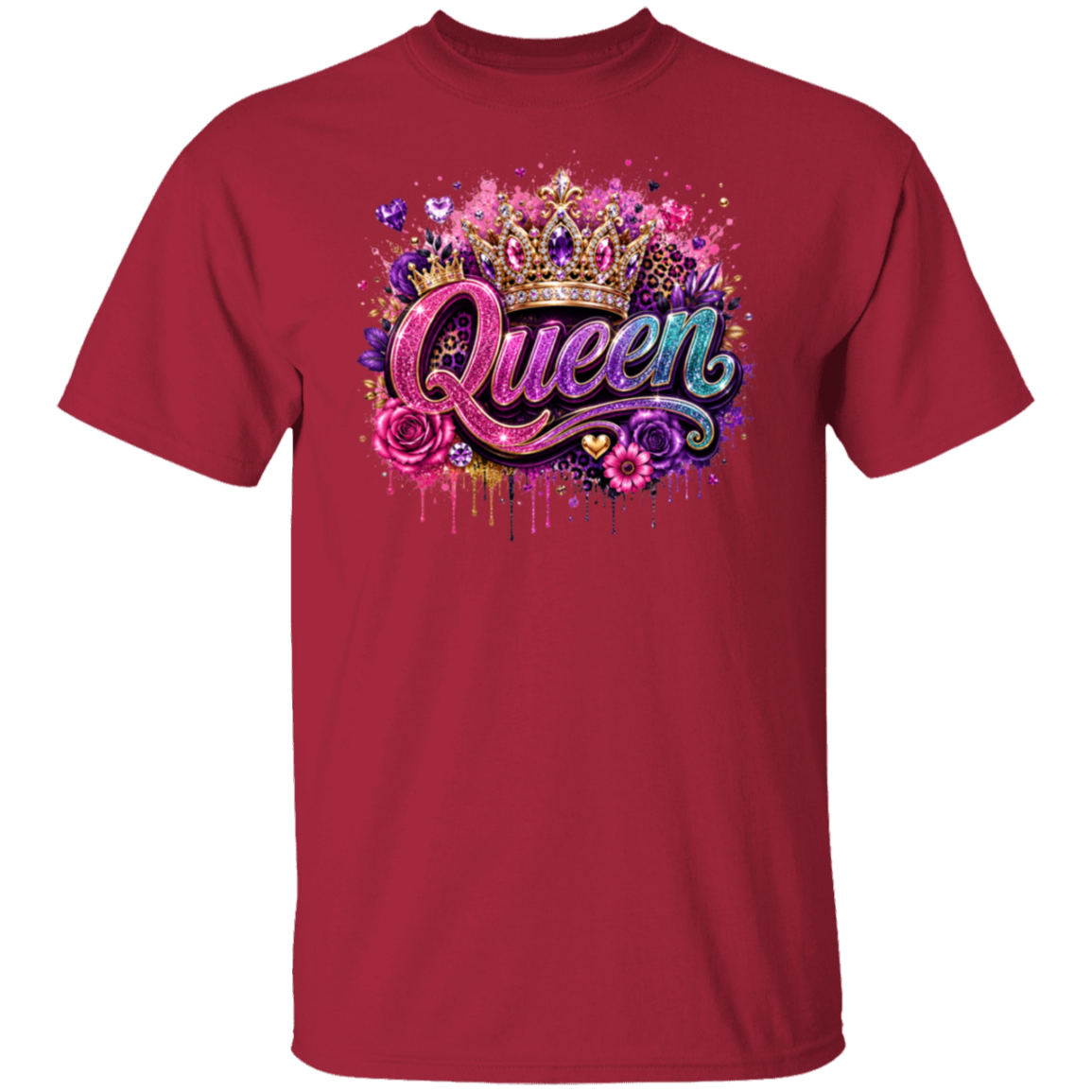 A cardinal short-sleeve crewneck t-shirt featuring a colorful graphic on the chest with the word 'Queen' in stylized pink and blue lettering, decorated with a gold crown, purple roses, and paint splatters.