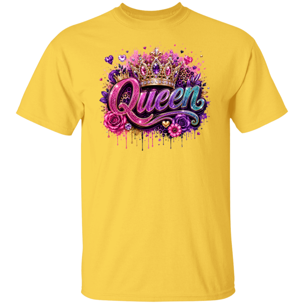 A daisy color short-sleeve crewneck t-shirt featuring a colorful graphic on the chest with the word 'Queen' in stylized purple and blue lettering, decorated with a crown, roses, and paint splatters.