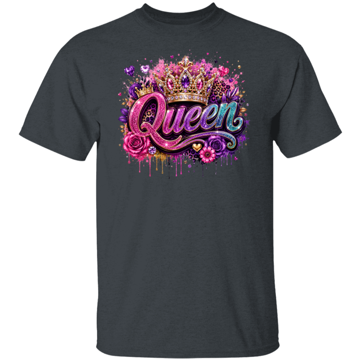 A dark heather short-sleeve t-shirt with a vibrant graphic on the chest featuring the word 'Queen' in glittery pink and blue script, decorated with a gold crown, pink roses, and colorful paint splatters.