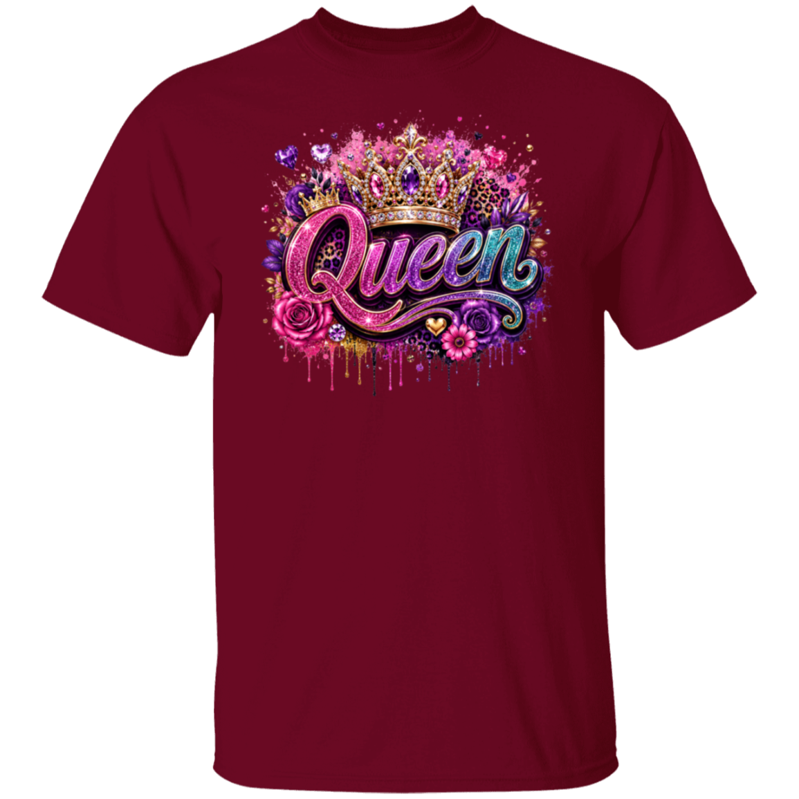 A garnet color short-sleeve crewneck t-shirt featuring a colorful graphic on the chest with the word 'Queen' in stylized pink and blue lettering, decorated with a gold crown, flowers, and paint splatters.