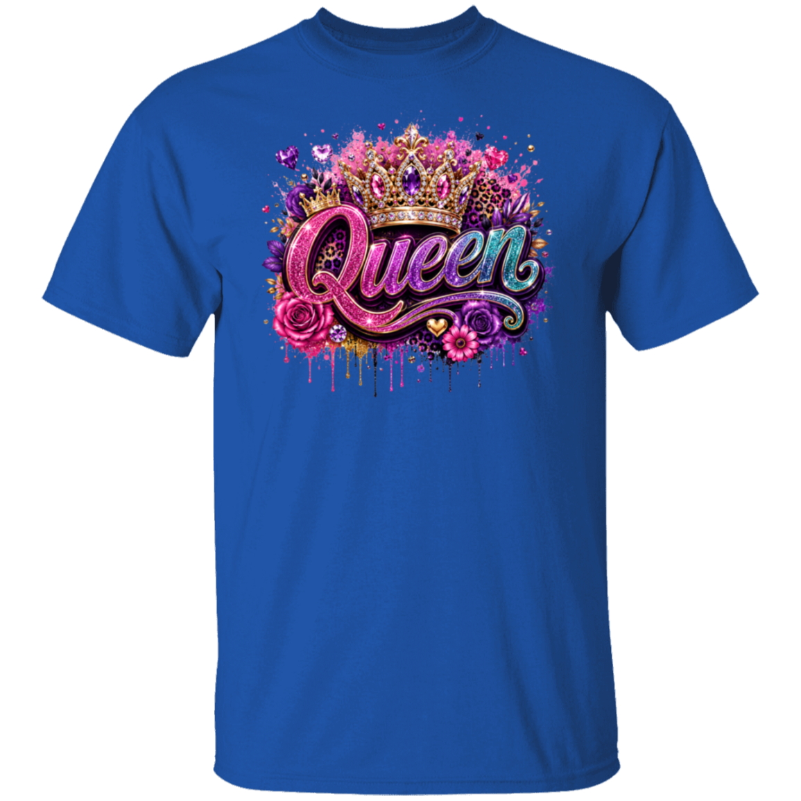 A royal blue short-sleeve crewneck t-shirt featuring a vibrant graphic on the chest with the word 'Queen' in stylized pink and purple lettering, decorated with a gold crown, pink roses, and colorful paint splatters.